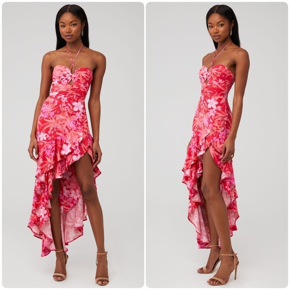 Amanda Uprichard 🌸 Floral Ruffle Halter Estrada Dress in Azalea Size Large - Picture 1 of 16